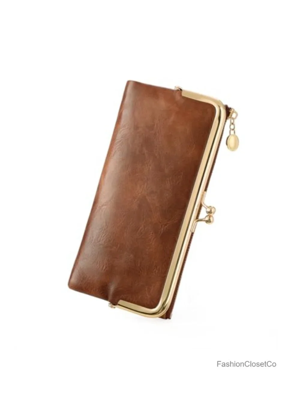 Vintage Kiss Lock Bifold Leather Wallet with Zipper Coin Pocket